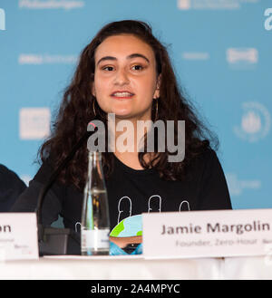 COPENHAGEN, DENMARK – OCTOBER 09, 2019: Jamie Margolin of Seattle, USA, and founder of the Zero-Hours movement speaks during the C40 World Mayors Summit opening press conference at Copenhagen City Hall. More than 90 mayors of some of the world’s largest and most influential cities representing some 700 million people meet in Copenhagen from October 9-12 for the C40 World Mayors Summit. The purpose with the summit in Copenhagen is to build a global coalition of leading cities, businesses and citizens that rallies around radical and ambitious climate action. Also youth leaders from the recent Cl