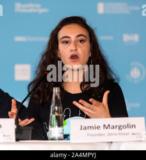 COPENHAGEN, DENMARK – OCTOBER 09, 2019: Jamie Margolin of Seattle, USA, and founder of the Zero-Hours movement speaks during the C40 World Mayors Summit opening press conference at Copenhagen City Hall. More than 90 mayors of some of the world’s largest and most influential cities representing some 700 million people meet in Copenhagen from October 9-12 for the C40 World Mayors Summit. The purpose with the summit in Copenhagen is to build a global coalition of leading cities, businesses and citizens that rallies around radical and ambitious climate action. Also youth leaders from the recent Cl