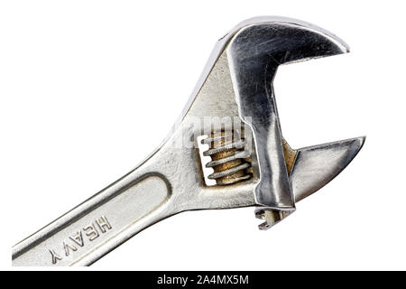 Adjustable spanner cut out on a white background, UK. Adjustable wrench close up with the jaws open. Stock Photo
