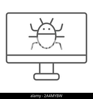 Computer virus thin line icon, technology and device, software bug sign, vector graphics, a linear pattern on a white background. Stock Vector