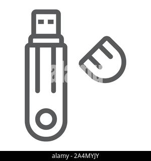 Flash drive line icon, technology and device, usb storage sign, vector graphics, a linear pattern on a white background. Stock Vector