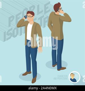 Young man phoning. Front and back view. Stock Vector