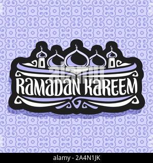Vector logo for muslim calligraphy Ramadan Kareem, black sign with original brush typeface for words ramadan kareem, label with domes and minarets of Stock Vector