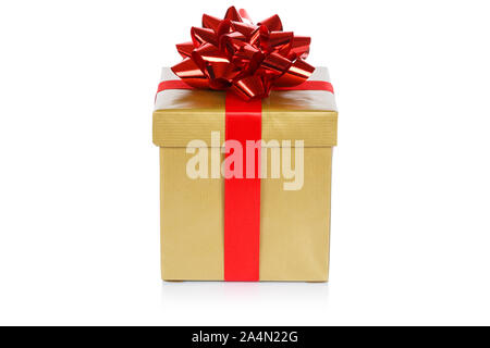 Christmas present birthday gift gold golden box ribbon isolated on a white background Stock Photo