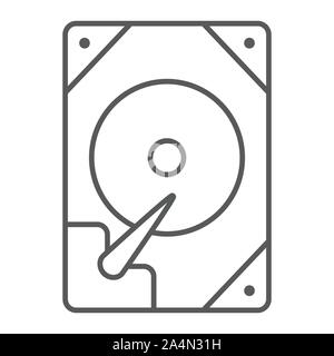 Hdd thin line icon, technology and device, hard drive disk sign, vector graphics, a linear pattern on a white background. Stock Vector
