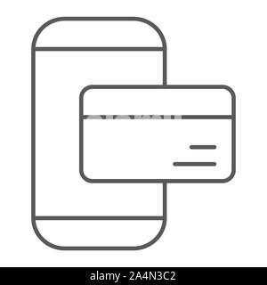 Phone payment thin line icon, technology and money, mobile payment sign, vector graphics, a linear pattern on a white background. Stock Vector