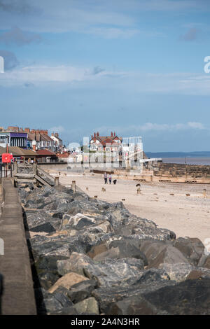 A view of the sea wall and sea defences along Hornsea Beach in the East Riding of Yorkshire, England UK Stock Photo