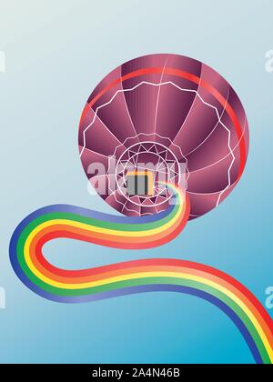 Bottom view of hot air balloon with rainbow in the sky. Stock Vector