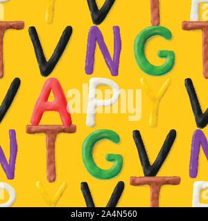 Seamless pattern with alphabet. Handmade modeling clay letters. Realistic 3d vector background. Stock Vector