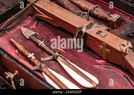 Vampire and zombie killing kit. Medieval weapons, handmade wooden bow and crosses. Inquisition hunter, halloween theme,folklore. Inspired by tv shows Stock Photo