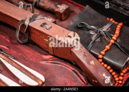 Vampire and zombie killing kit. Medieval weapons, handmade wooden bow and crosses. Inquisition hunter, halloween theme,folklore. Inspired by tv shows Stock Photo