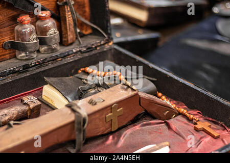 Vampire and zombie killing kit. Medieval weapons, handmade wooden bow and crosses. Inquisition hunter, halloween theme,folklore. Inspired by tv shows Stock Photo