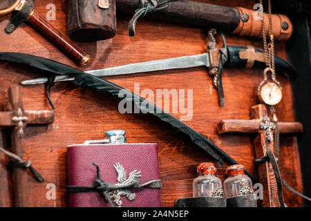 Vampire and zombie killing kit. Medieval weapons, handmade wooden bow and crosses. Inquisition hunter, halloween theme,folklore. Inspired by tv shows Stock Photo