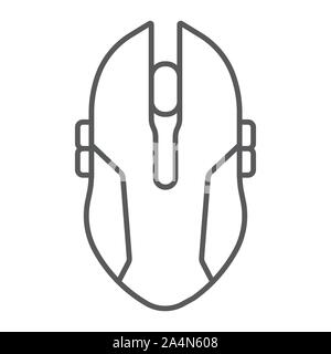 Gaming mouse thin line icon, game and device, computer mouse sign, vector graphics, a linear pattern on a white background. Stock Vector