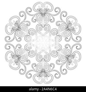 Black and white circle flower ornament, ornamental round lace design. Floral mandala. Hand drawn ink pattern made by trace from personal sketch Stock Photo