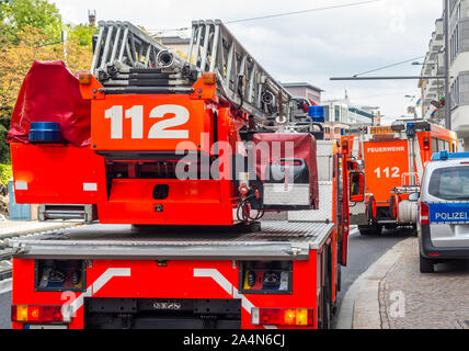 red german fire truck in action Stock Photo