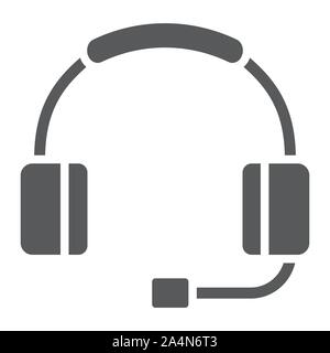 Headphones witn microphone glyph icon, technology and device, headset sign, vector graphics, a solid pattern on a white background. Stock Vector