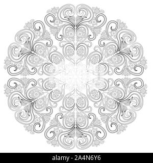 Black and white circle flower ornament, ornamental round lace design. Floral mandala. Hand drawn ink pattern made by trace from personal sketch Stock Photo