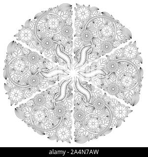 Black and white circle flower ornament, ornamental round lace design. Floral mandala. Hand drawn ink pattern made by trace from personal sketch Stock Photo