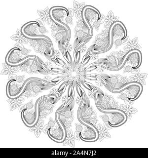 Black and white circle flower ornament, ornamental round lace design. Floral mandala. Hand drawn ink pattern made by trace from personal sketch Stock Photo