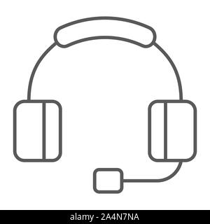 Headphones witn microphone thin line icon, technology and device, headset sign, vector graphics, a linear pattern on a white background. Stock Vector