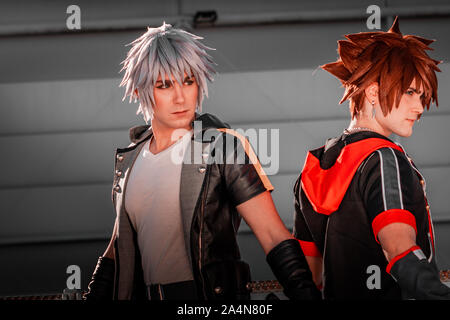 Rome, Italy, 5 April 2019, Comic and Cosplayer event called 'Romix'. Medium shots of a young gay men in japanese outfits. Hard core fans, happy day. Stock Photo