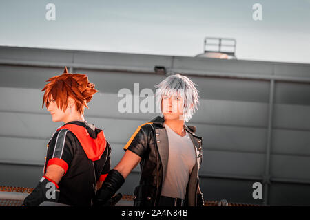 Rome, Italy, 5 April 2019, Comic and Cosplayer event called 'Romix'. Medium shots of a young gay men in japanese outfits. Hard core fans, happy day. Stock Photo