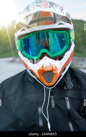 Person wearing motorbike helmet Stock Photo