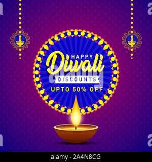 Happy Diwali Discounts Upto 50% Off Banner. Indian Festival of Light, Sale Offer, Logo design, Sticker, Concept, Greeting Card Template, Icon, Poster. Stock Vector