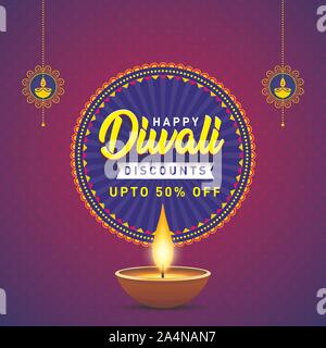 Happy Diwali Discounts Upto 50 percent Off Banner. Indian Festival of Light, Sale Offer poster Logo design, Sticker, Concept, Greeting Template, Icon. Stock Vector