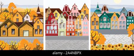 Pack of Old retro town with colorful buildings and cobblestone paved road in front. Flat cartoon vector Stock Vector