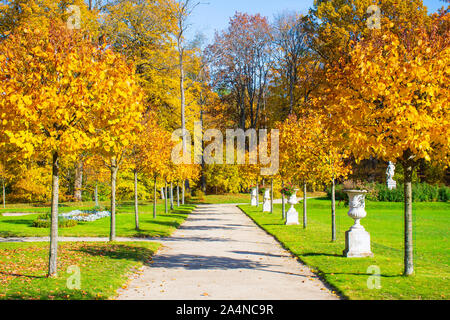 Wonderful garden with small path in autumn and beautiful yellow and orange colored trees, antique white vases on the sides Stock Photo