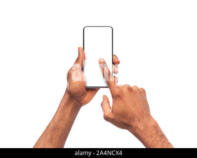 Black man's hands using smartphone with blank screen Stock Photo