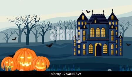 Halloween dark color castle with yellow lights in morning forest vector. Pumpkins on foreground. Flat style Stock Vector