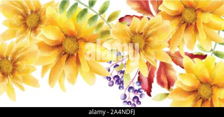 Watercolor orange sunflower with leaves and berries. Vector greeting card composition Stock Vector