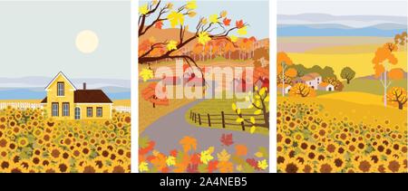 Pack of cartoon flat village with sunflower growing in front. Autumn season vector Stock Vector