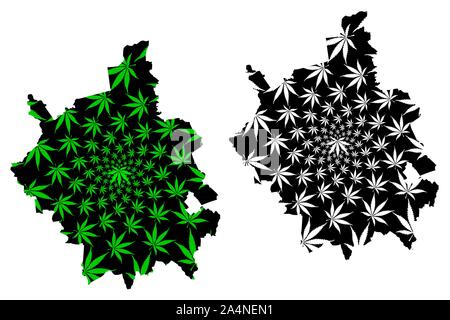 Cambridgeshire (United Kingdom, England, Non-metropolitan county, shire county) map is designed cannabis leaf green and black, Cambs. map made of mari Stock Vector