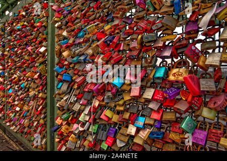 Emotion wish padlocks on Cologne bridge in Germany. Stock Photo
