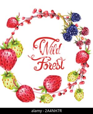 Wild forest fruits on wreath vector. Strawberries and berries Stock Vector