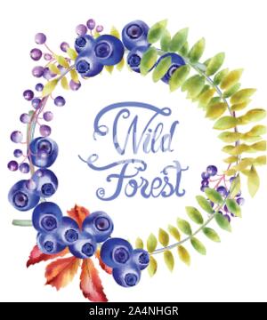 Autumn wild forest blueberries and flowers wreath bouquet vector Stock Vector
