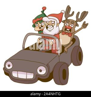 Christmas santa, gnome and reindeer riding a car Stock Vector