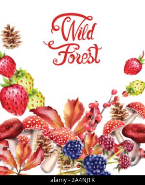 Wild forest fruits composition vector. Strawberries, autumn leaves and berries Stock Vector