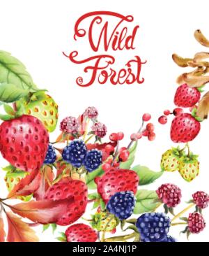Wild forest fruits composition vector. Strawberries, autumn leaves and berries Stock Vector
