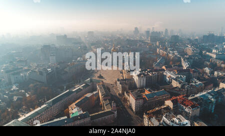 Sofievskaya Square and St. Sophia Cathedral in Kiev in the morning fog, Ukraine Stock Photo