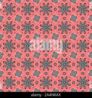 Geometric floral designs seamless pattern on red background. Stock Vector