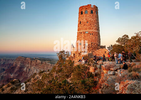 People at Desert View Watch Tower and canyon walls, Grand Canyon National Park, Arizona USA Stock Photo