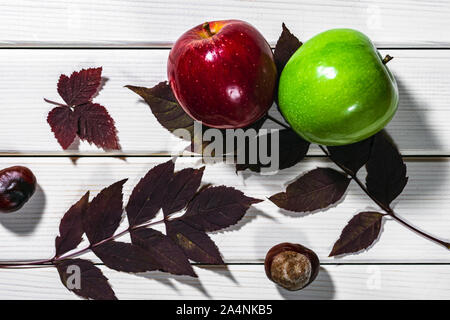 fresh red and green apples on blurred autumn leaves background Stock Photo