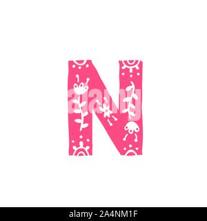 Letter N. Vector. Pink letter with ornament. Applique for clothes. Logo for the company. Stock Vector