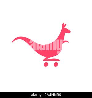 A silhouette of a pink kangaroo on casters in the form of a trolley from a store. Vector. Monogram, emblem for a company or firm. Corporate sign. Stock Vector