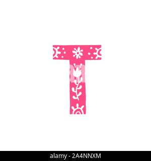 Letter T. Vector. Pink letter with ornament. Applique for clothes. Logo for the company. Stock Vector